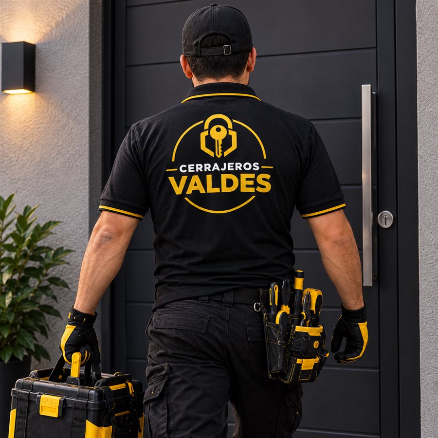 Cerrajero de Cerrajeros Valdés con uniforme, portaherramientas y maletín